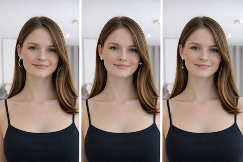 Portrait d’une femme portant successivement de grandes créoles dorées, des puces brillantes et des boucles pendantes fines