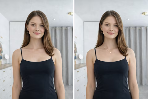 Femme en robe noire comparée avec et sans collier fin doré et pendentif discret