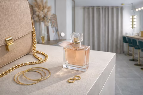 Flacon de parfum élégant posé près d’un sac beige, de bracelets dorés et de créoles dans le studio Transbeauté