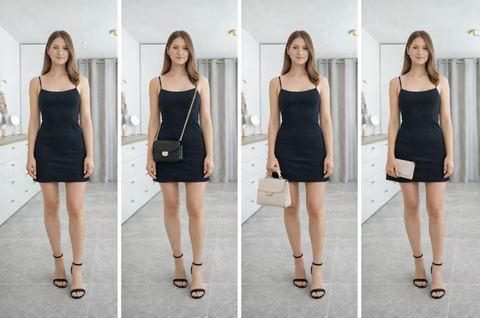 Femme en robe noire avec différents styles de sacs à main : bandoulière noir, sac structuré nude et pochette beige