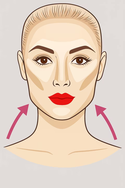 un visage stylisé avec des zones de contouring marquées en beige foncé le long de la mâchoire, sous les pommettes et sur les tempes. Deux flèches roses pointent vers le haut, symbolisant l’effet liftant recherché grâce à cette technique de maquillage. Les lèvres rouges ajoutent une touche de féminité, tandis que les yeux bruns maquillés légèrement restent neutres pour garder l’attention sur les contours.