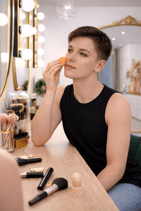 Studio Transbeauté avec miroir doré, fauteuils verts et table de maquillage présentant fonds de teint, correcteurs et pinceaux pour personnes travesties et transgenres