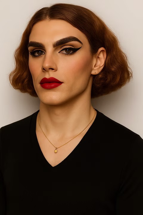 une personne arborant un look féminin assumé, tout en laissant transparaître des traits naturellement anguleux. Le maquillage est audacieux : bouche rouge intense, liner noir graphique, sourcils épais parfaitement dessinés, et blush subtilement posé. Les cheveux, coupés au carré, ondulent doucement autour du visage, encadrant les traits avec élégance. Le collier doré discret et le haut noir en col V renforcent cette allure sobre et chic.