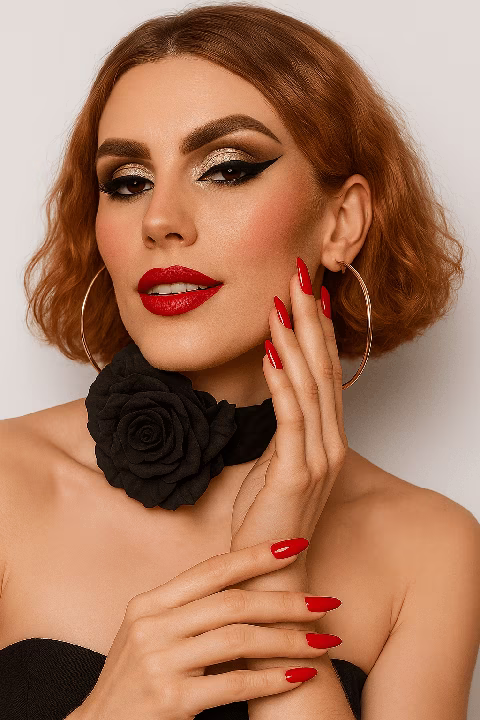 Portrait d’une personne maquillée de façon sophistiquée avec un eye-liner noir marqué, des lèvres et des ongles rouges, une rose noire au cou, cheveux auburn ondulés, et créoles dorées.