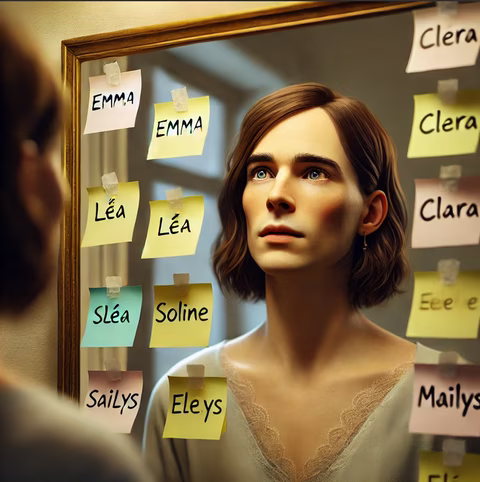 Devant son miroir, elle réfléchit… Quel prénom lui correspond le mieux ? Celui qui résonnera en elle, celui qui portera son histoire, sa féminité, son identité profonde. Emma, Léa, Soline… Chaque prénom a une sonorité, une énergie, une émotion différente. Lequel sera le sien ?