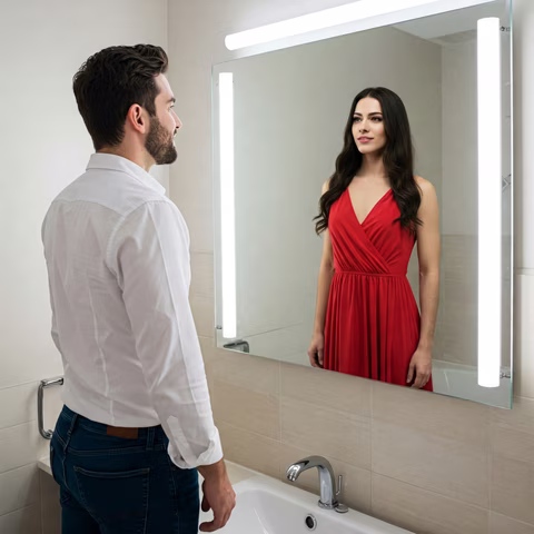 Homme devant mirroir avec double féminin