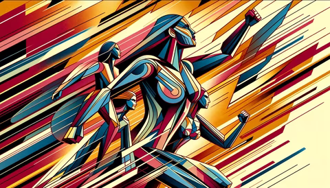 L'illustration dynamique affiche trois figures féminines abstraites avec des traits angulaires, dessinées dans un style rappelant le Futurisme, suggérant un mouvement puissant vers l'avant. Elles sont représentées par des formes géométriques distinctes en bleu, rouge, jaune et d'autres couleurs vives sur un fond rayé de jaune et de rouge qui évoque la vitesse. Les éléments angulaires qui s'étendent autour des figures semblent représenter l'innovation et le progrès. Cette image véhicule un sentiment d'élan et de progrès, symbolique de la lutte continue pour l'égalité des femmes