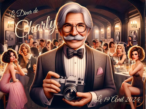 Ce soir, sous l'égide chaleureuse des voûtes anciennes, se révèle l'éclat d'une soirée pas comme les autres. Charly, un gentleman distingué aux cheveux argentés et à la moustache impeccablement taillée, est l'architecte de cette réunion élégante. Vêtu de son smoking le plus fin et armé de son fidèle appareil photo, il capture l'essence de la soirée où les rires et les conversations se fondent dans une harmonie parfaite. Autour de lui, des invités aux tenues de gala ajoutent une touche de glamour à ce tableau vivant, chacun attendant son tour sous l'objectif du maître de cérémonie. "Le Diner de Charly, le 19 avril 2024" promet d'être gravé dans les mémoires comme un instantané intemporel de joie et d'élégance