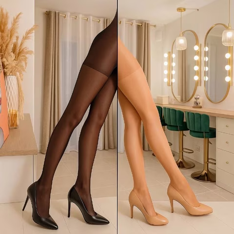 Comparaison de collants noirs et couleur chair portés avec des escarpins assortis, mettant en valeur l’élégance des jambes féminines dans un intérieur chic et moderne."