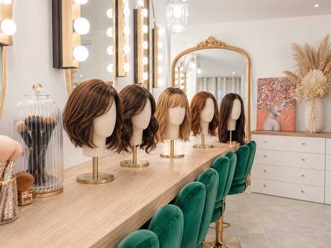 Perruques de féminisation exposées chez Transbeauté dans un studio de mise en beauté, avec accompagnement personnalisé, conseil en image et univers élégant