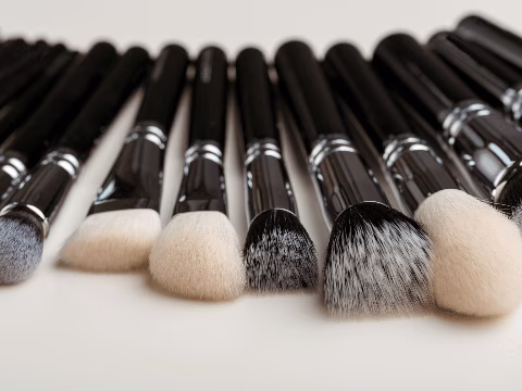 Une rangée de pinceaux de maquillage avec des manches noirs brillants et des poils de différentes formes et couleurs, alignés sur une surface blanche. Les brosses varient en taille et en densité, indiquant leur utilisation pour différentes applications de maquillage, comme le fond de teint, le blush ou la poudre. Ces pinceaux polyvalents sont idéaux pour créer des looks variés, que ce soit pour un maquillage quotidien ou des transformations plus audacieuses