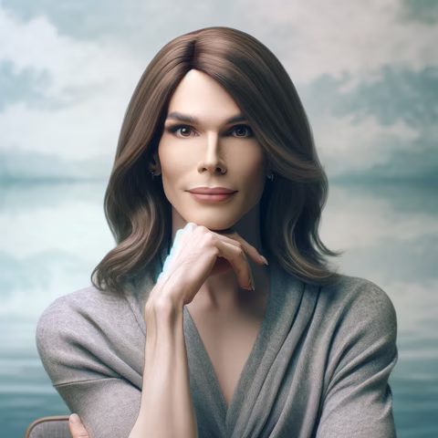 Portrait d'une personne aux cheveux bruns mi-longs avec un style lisse et une raie au milieu, arborant un maquillage soigné et regardant directement l'objectif. La personne pose sa tête contre sa main et porte un haut gris taupe avec un décolleté en V. L'arrière-plan flou évoque un ciel nuageux
