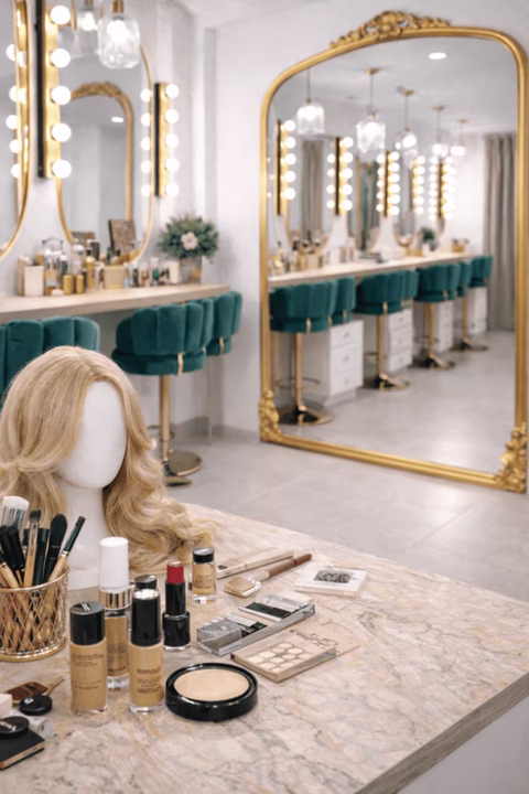 Studio Transbeauté avec table de maquillage, fond de teint et pinceaux pour travesti et personne transgenre