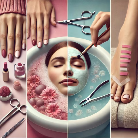 Cinq routines féminines pour Travesti / Transgenre : manucure, pédicure, masque facial, épilation des sourcils et exfoliation.élégance et l'attention aux soins personnels.