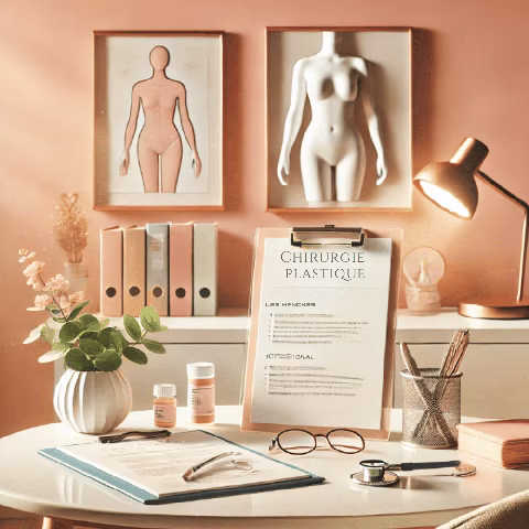 un bureau de consultation médicale décoré de façon douce et apaisante, dans des tons pastel. On y voit des éléments comme un carnet, un stéthoscope et des documents informatifs concernant les options de chirurgie pour la féminisation. Des touches décoratives, comme une plante en pot et un miroir, ajoutent une atmosphère chaleureuse et professionnelle