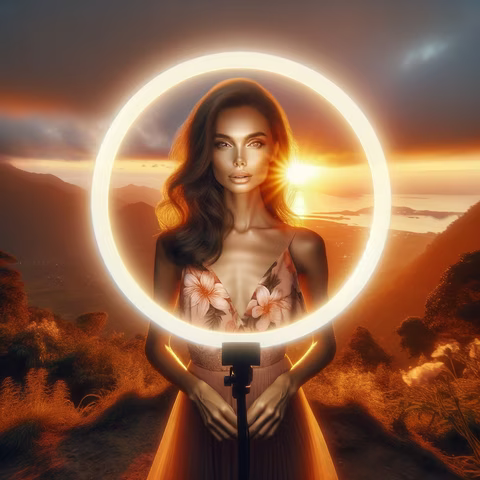 L'image qui fusionne la beauté de l'éclairage artificiel et naturel, mettant en valeur la beauté des femmes transgenres. Elle capture un moment de grâce et d'empouvoirement, avec le sujet illuminé à la fois par un anneau lumineux et l'éclat doré du soleil au lever ou au coucher. Cette scène reflète l'espoir, la beauté et le parcours unique des femmes transgenres, sur fond de célébration de la diversité et de l'acceptation.