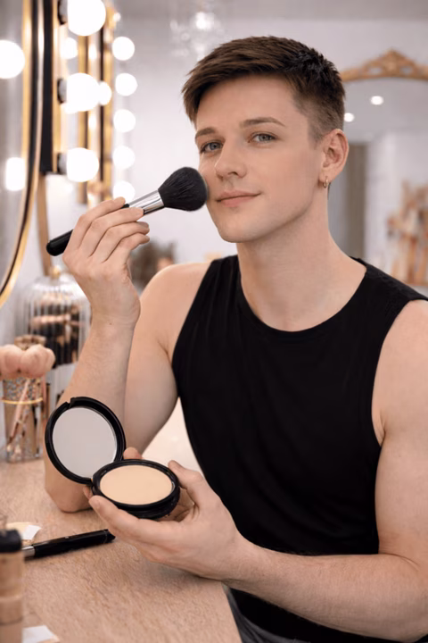 Homme appliquant une poudre de fond de teint pour fixer le maquillage et faire disparaître l’ombre de la barbe