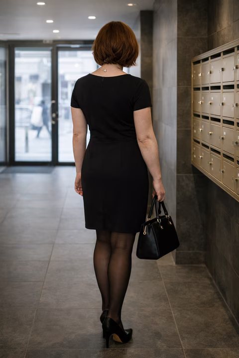 Travestissement et féminisation : personne en robe et maquillage de travesti quittant un immeuble pour une sortie en féminin